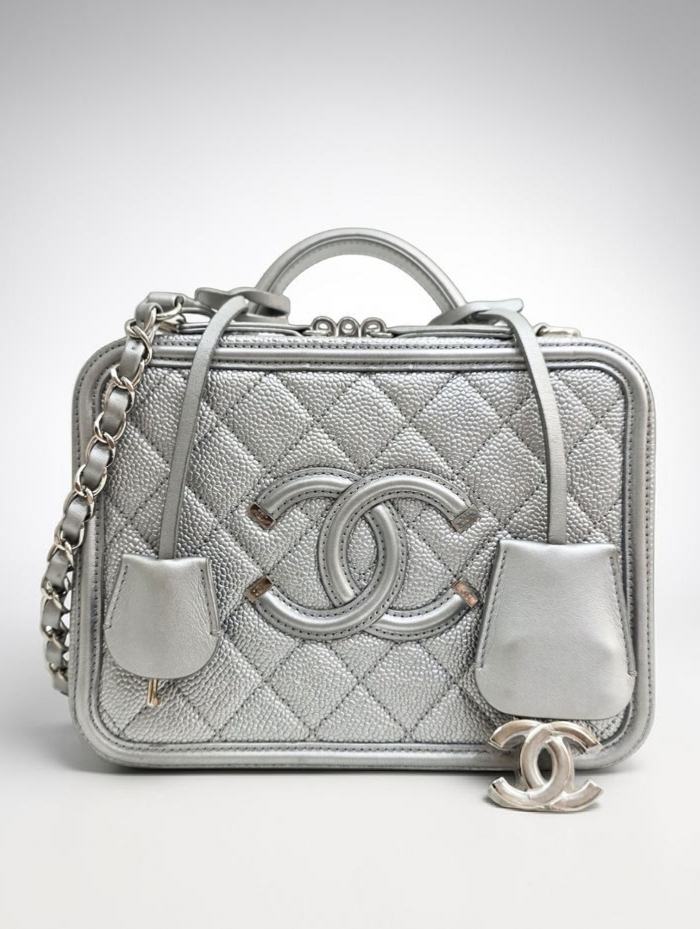 Chanel CC Filigree Vanity Case Medium Metallic Silver Caviar Crossbody Bag